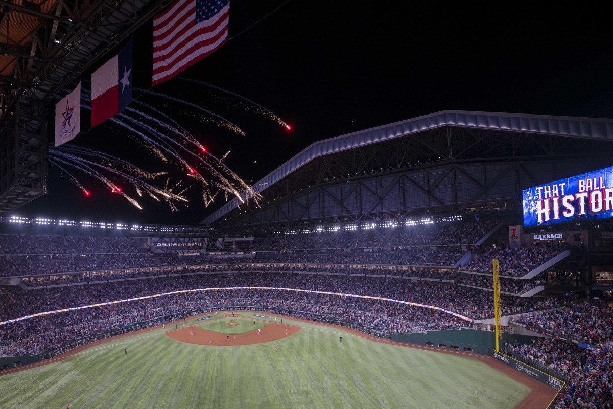 A view of the field and the ballpark and the fireworks after Texas Rangers shortstop Corey Seager hit ga ame-tying solo home run against the Houston Astros in the third inning during Game 4 of the ALCS at Globe Life Field Thursday night.